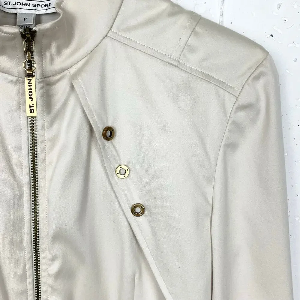 St. John Sport Full Zip Jacket Cotton Stretch Blend 2 Way Zipper Tan Size P